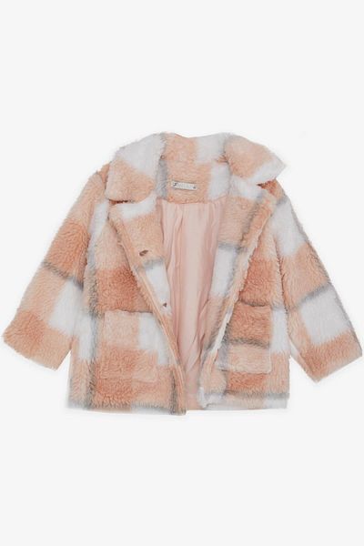 Escabel Breeze Girl's Coat - Plush Buttoned, Pocketed, Plaid Patterned 2-6 Years, Mixed Color