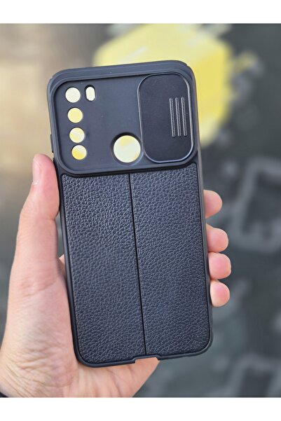 Fibaks Redmi Note 8 Kılıf Sürgülü Slide Kamera Korumalı Deri Görünümlü Lüks Silikon