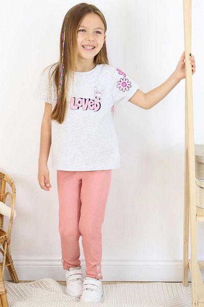 Breeze 4-8 Years Old Girl Love Tights Set - Bunny Printed, Light Gray Melange