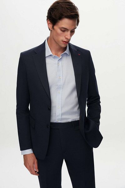 D'S Damat Slim Fit Navy Blue Dobby Μάλλινο Μικτό Κοστούμι
