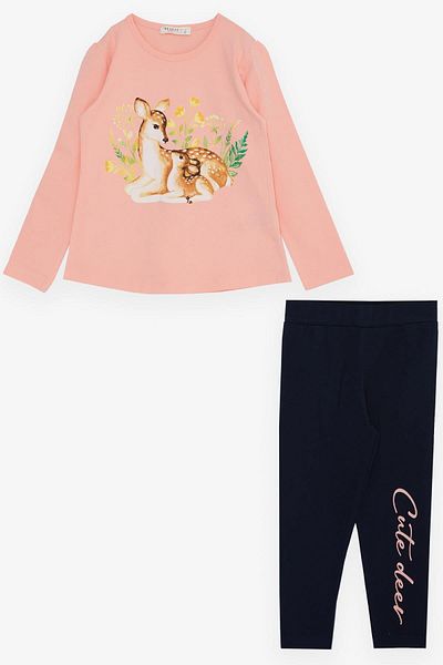 Breeze Girl's Tights Set Love Themed Mother & Baby Gazelle Printed Age 2-6, Salmon