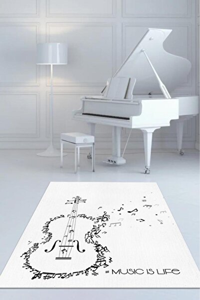 Music is Life Art Music Carpet White Color Music Carpet White Modern Carpet with Guitar Figure