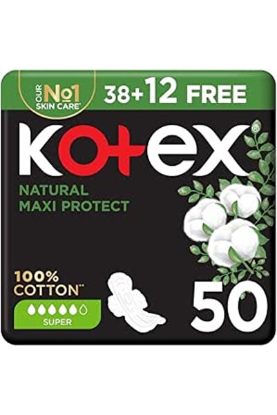 Kotex فوط صحية طبيعية سميكة ماكسي بروتيكت، 100% قطن، مقاس كبير، 50 فوطة صحية