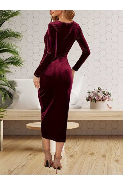 Modayakamoz Women's Double Breasted Collar Gathered Velvet Dress