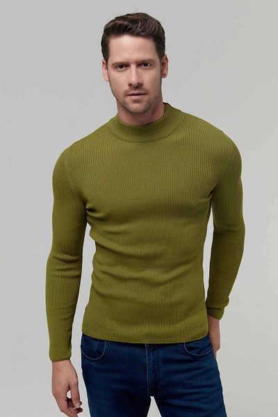 Twn Πλεκτό πουλόβερ Slim Fit Green Rib Knit Half Fisherman Wool Πλεκτό πουλόβερ