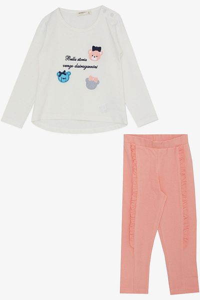 Breeze Girl's Tights Set Cute Teddy Bear Embroidered Text Printed 1-4 Years, Ecru