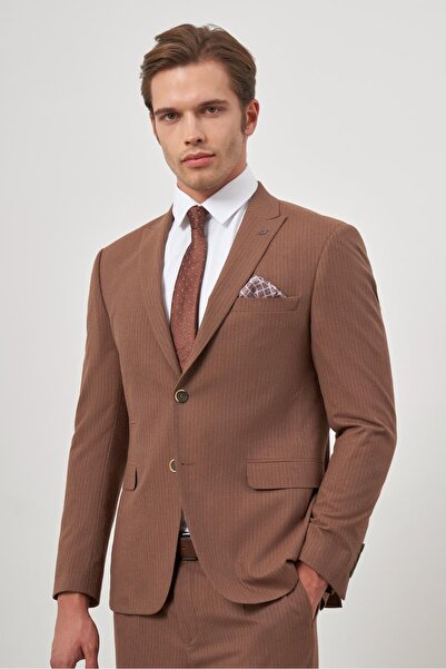 İmza Tan Stripe Mono Neck Slim Fit Suit - Lined, 6 Drop, Slim Fit 1001245106