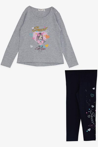 Breeze 2-6 Years Girl's Gray Melange Tights Set - Cute with Printed Hearts