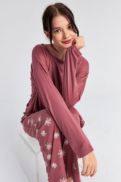 Ecrou Women's Powder Heart Pocket Long Sleeve Trousers Pajama Set