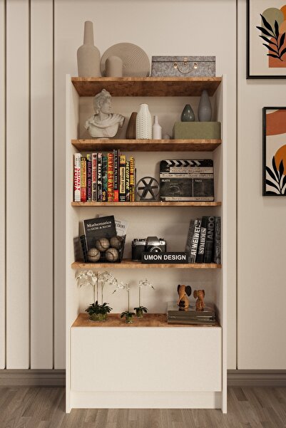 umondesign Teos Kitaplık 5 Raflı Kapaklı Kitaplık Çam- Beyaz