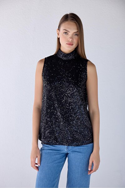 Masha Kate Bluză neagră cu guler cu paiete