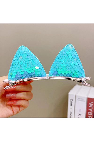 Mimis Store Cute Cat with Turquoise Sequins - Clip Hair Accessory for Girls
