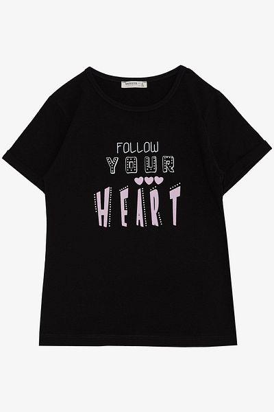 Breeze Tricou pentru fetiță cu text cu strasuri și imprimat inimă 8-14 ani, negru