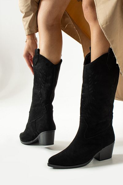 Moda Devrin Μαύρες λέιζερ Suede Western Long Cowboy Boots