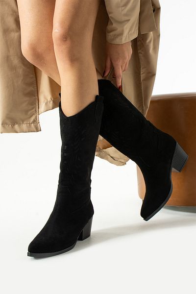 Moda Devrin Μαύρες λέιζερ Suede Western Long Cowboy Boots