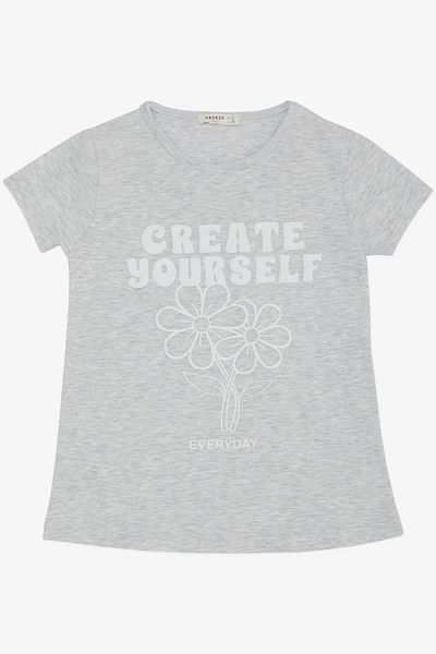 Breeze Tricou pentru fetiță cu flori și text imprimat 6-12 ani, culoare gri deschis