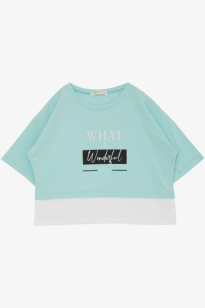 Breeze Tricou crop pentru fetiță, cu fante laterale și text imprimat, 9-14 ani, verde apă