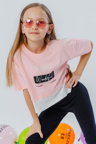 Breeze Tricou crop pentru fetiță cu fante laterale și text imprimat, 9-14 ani, roz