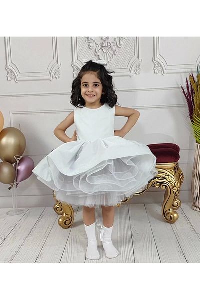 ELLUSSİ Gray Glitter V-Neck Fluffy Dress - Girl, Green Skirt