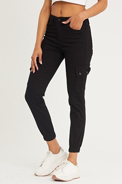 Lixera Oprah Black Lycra Cargo Pocket Jeans Trousers
