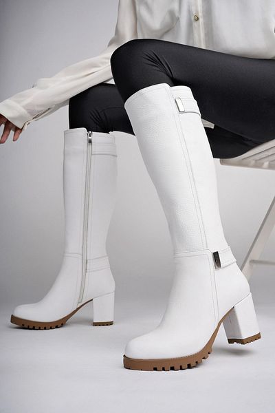 Lizizu Genuine Leather White Thick Heeled Zippered Women's Boots