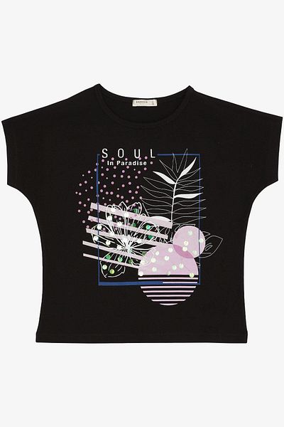 Breeze Tricou negru pentru fetiță 10-16 ani - Paiete imprimate cu flori