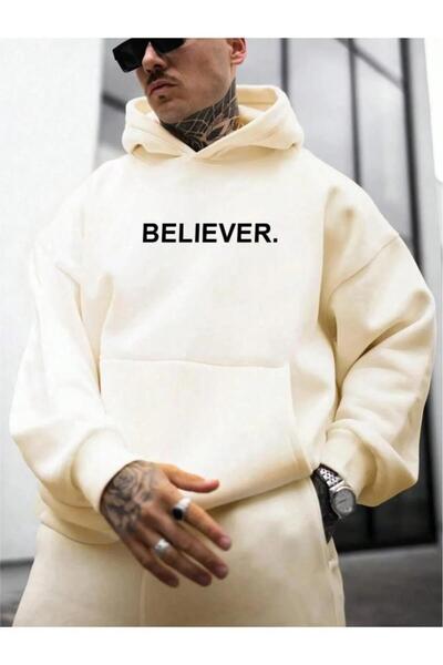 CAST COLLECTİON Ανδρικό φούτερ με κουκούλα μπεζ Believer με τύπωμα