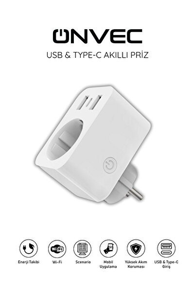 ONVEC Usb Type-c Akıllı Tekli Priz, Wifi Ble, Google Home Ve Amazon Alexa Uyu...