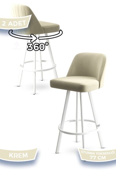 Canisa Atex Serisi 2 Adet Krem Bar Sandalyesi 360°c Döner Bar Sandalyesi Babyface Kumaş Beyaz Metal Ayaklı