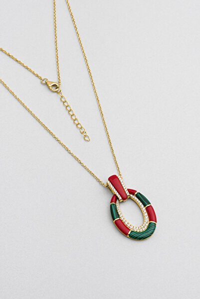 So CHIC... Malahit ve Mercan Taşlı 18 Ayar Sarı Altın Kaplama 45 Cm Gümüş Tasarım Kolye