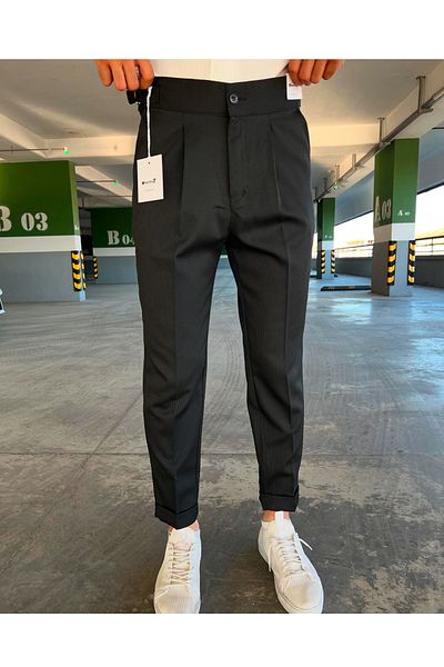 moda biz Ανδρικό υφασμάτινο παντελόνι με μαύρη πλισέ ιταλική κοπή