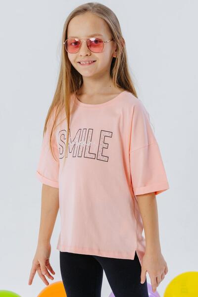 Breeze Дівчача футболка Smile з написом і камінцями, 9-16 років, лососева