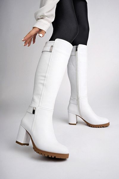 Lizizu Genuine Leather White Thick Heeled Zippered Women's Boots
