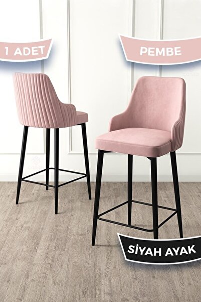 Canisa Enox Serisi, 1 Adet Pembe Sandalye Yemek Odası Bar Sandalyesi, Babyface Kumaş, Siyah Metal Ayak ,