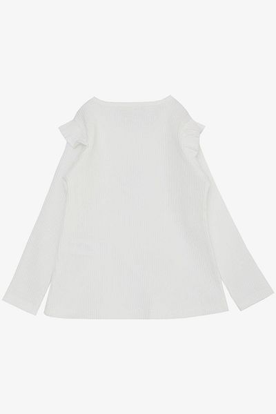 Breeze 2-6 Years Girl's White Long Sleeve T-Shirt - Happy Teddy Bear, Ruffled Shoulder