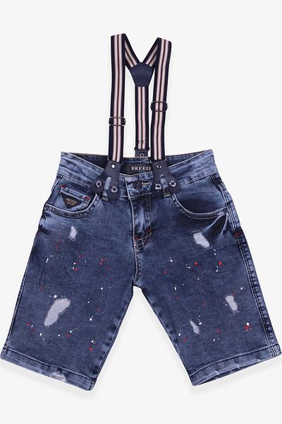 Breeze Pantaloni scurți din denim cu bretele cu model vopsea albastră pentru băiat de 6-12 ani