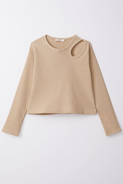 Breeze Long Sleeve Shoulder Low-Cut Detailed T-Shirt for 9-14 Years Old Girls - Dark Beige