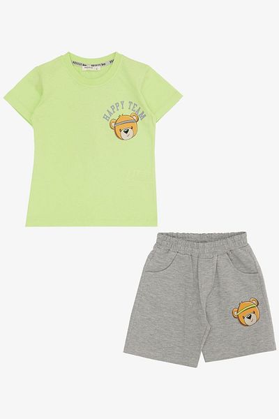 Breeze 2-6 Years Old Boy Shorts Set - Happy Themed, Teddy Bear Printed, Pistachio Green