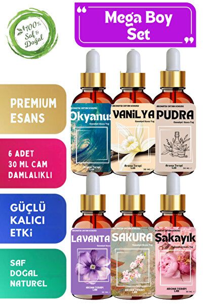 Aroma Terapi Lab Mega Boy Çiçek Esansları Seti - Saf Esansiyel Uçucu Yağ 6x30ml