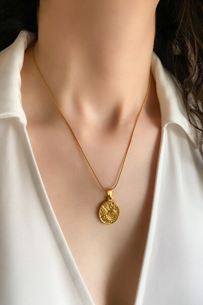 DEMOKAN Women's Steel Necklace Round Plate Crescent Pattern Rope Chain Necklace