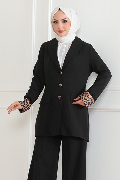 Modamihram Black Leopard Print Suit - 19218