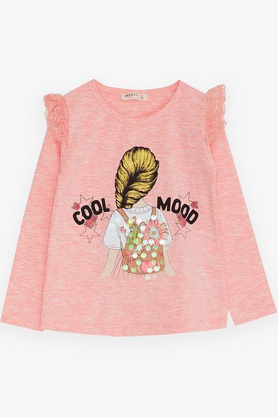 Breeze Tricou pentru fetiță cu mânecă lungă și umeri șireți, 4-9 ani, somon Melange