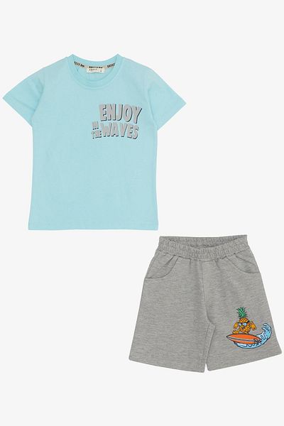 Breeze 3-7 Years Old Boy Shorts Set - Summer Themed, Pineapple Printed, Light Blue