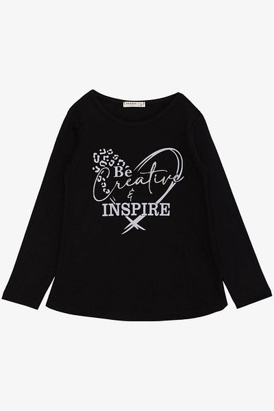 Breeze Tricou pentru fetiță cu mânecă lungă cu text imprimat cu sclipici 6-12 ani, negru