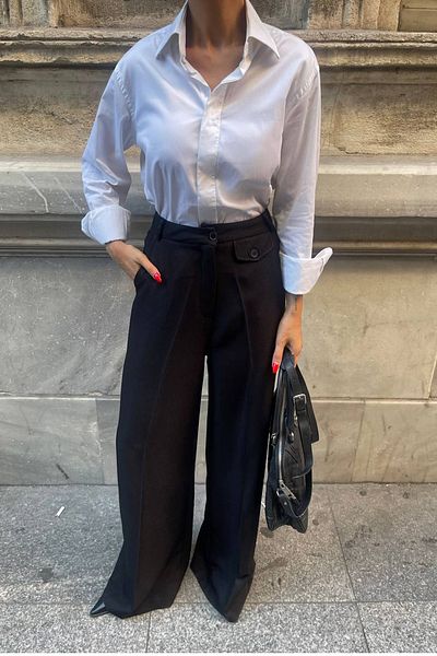 Ortaya Çık Black Wool Effect Fabric Pocket Design Palazzo Trousers