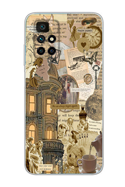 moonset Xiaomi Redmi 10 2022 Uyumlu Vintage Kolaj Tasarımlı Baskılı Şeffaf Te...