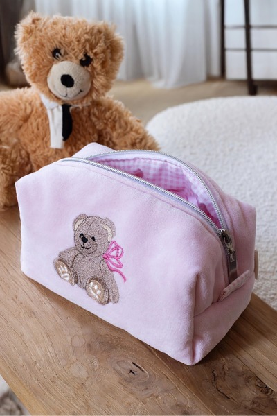 LYIA Ayıcık ve Fiyonk Nakışlı Makyaj/Bebek Bakım Çantası - Orta Boy