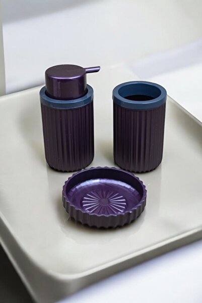 Dore Voir Set de baie din plastic dur din 3 piese/ dozator de săpun lichid, suport pentru periuță de dinți și dozator de săpun solid - prune