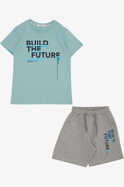 Breeze 8-14 Years Boy's Shorts Set - Text Printed, Pocketed, Water Green