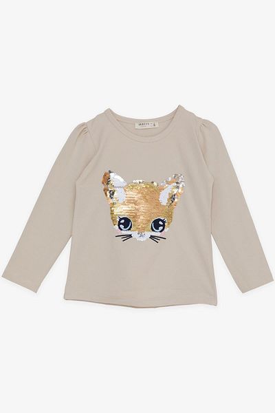 Breeze Beige Girl's T-Shirt - Long Sleeve, Cute Kitten, Animated Sequin Embroidery, 3-8 Years